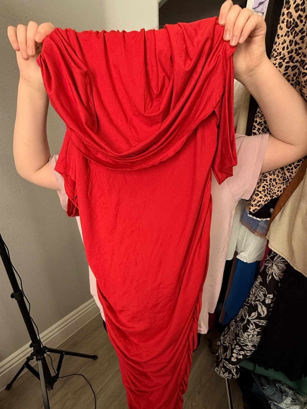 Red Draped Women’s Dress - Elegant Ruched Detail